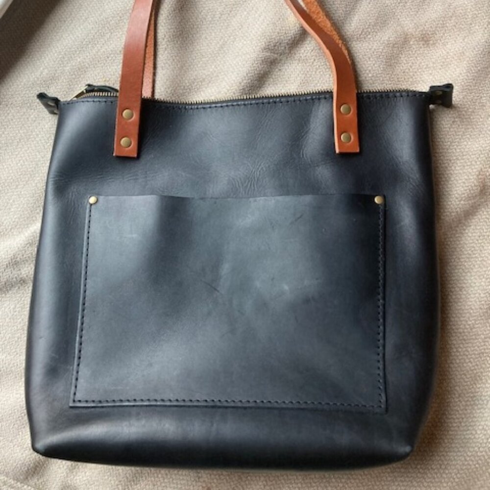 Portland Leather Zipper Small Tote, black and tan EUC